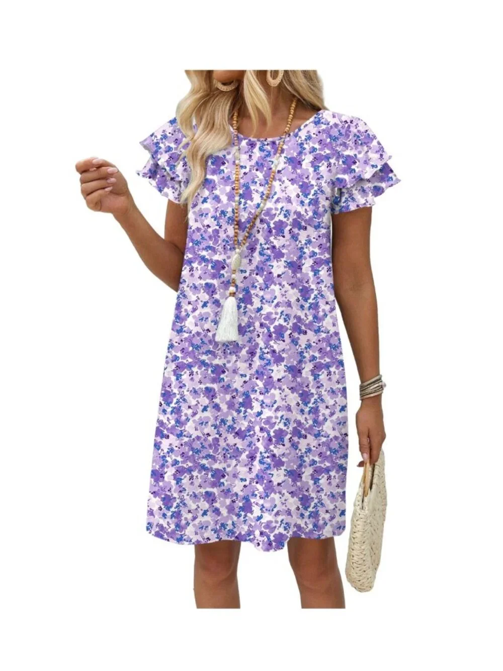 Purple Floral Print Short Ruffle Sleeve Shift Dress Size L Pockets Soft Knit